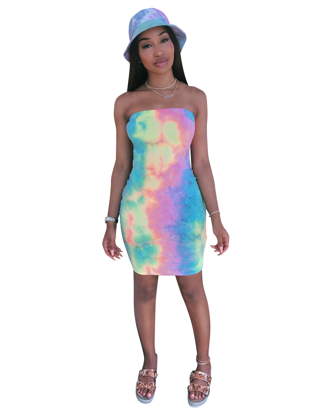 Summer Vibrant Tie Dye Chest Hugging One Neck Tight Skirt
