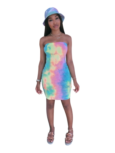 Summer Vibrant Tie Dye Chest Hugging One Neck Tight Skirt 01
