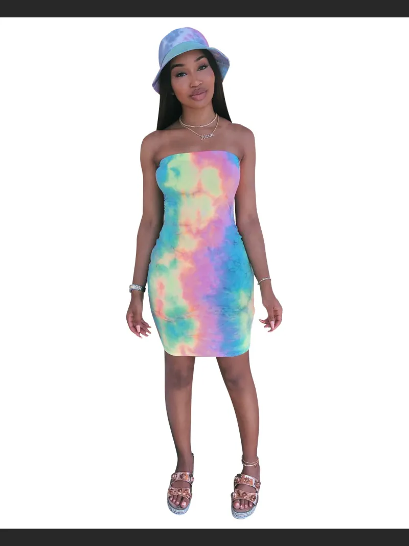 Summer Vibrant Tie Dye Chest Hugging One Neck Tight Skirt