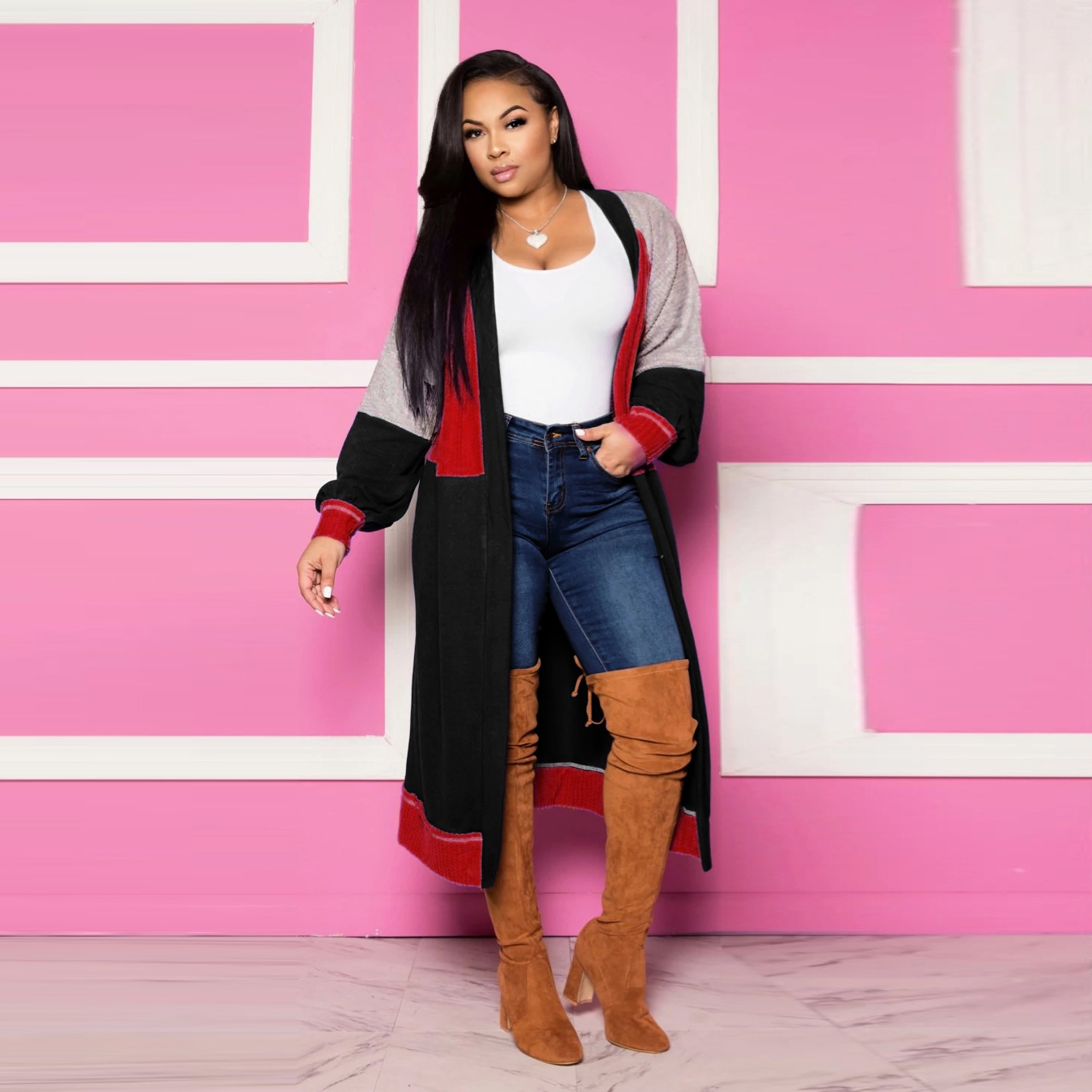 Fashionable And Minimalist Spliced Long Cashmere Cardigan