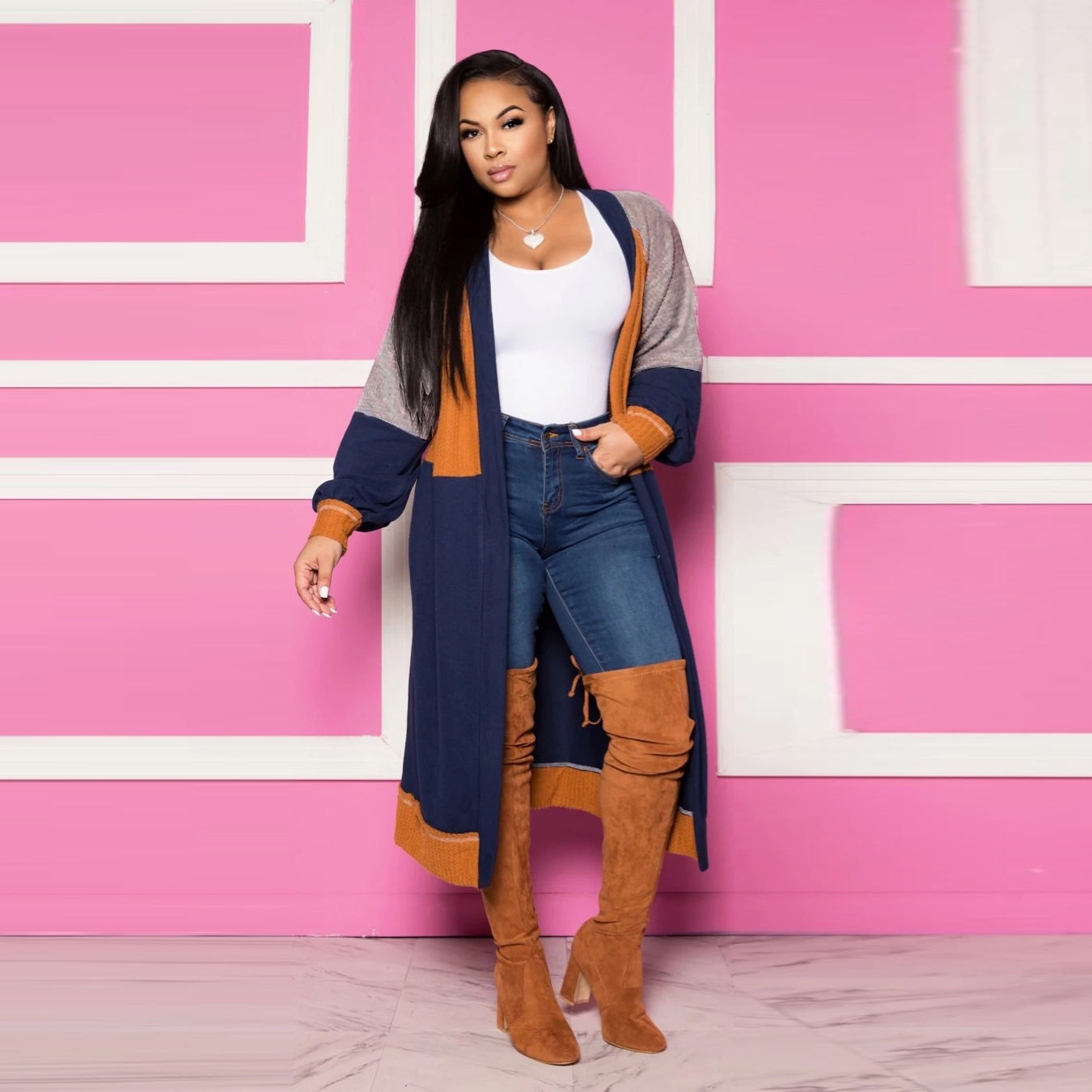 Fashionable And Minimalist Spliced Long Cashmere Cardigan