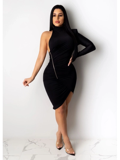 Fashionable and Sexy Off-Shoulder Zipper Pleated Dress 02