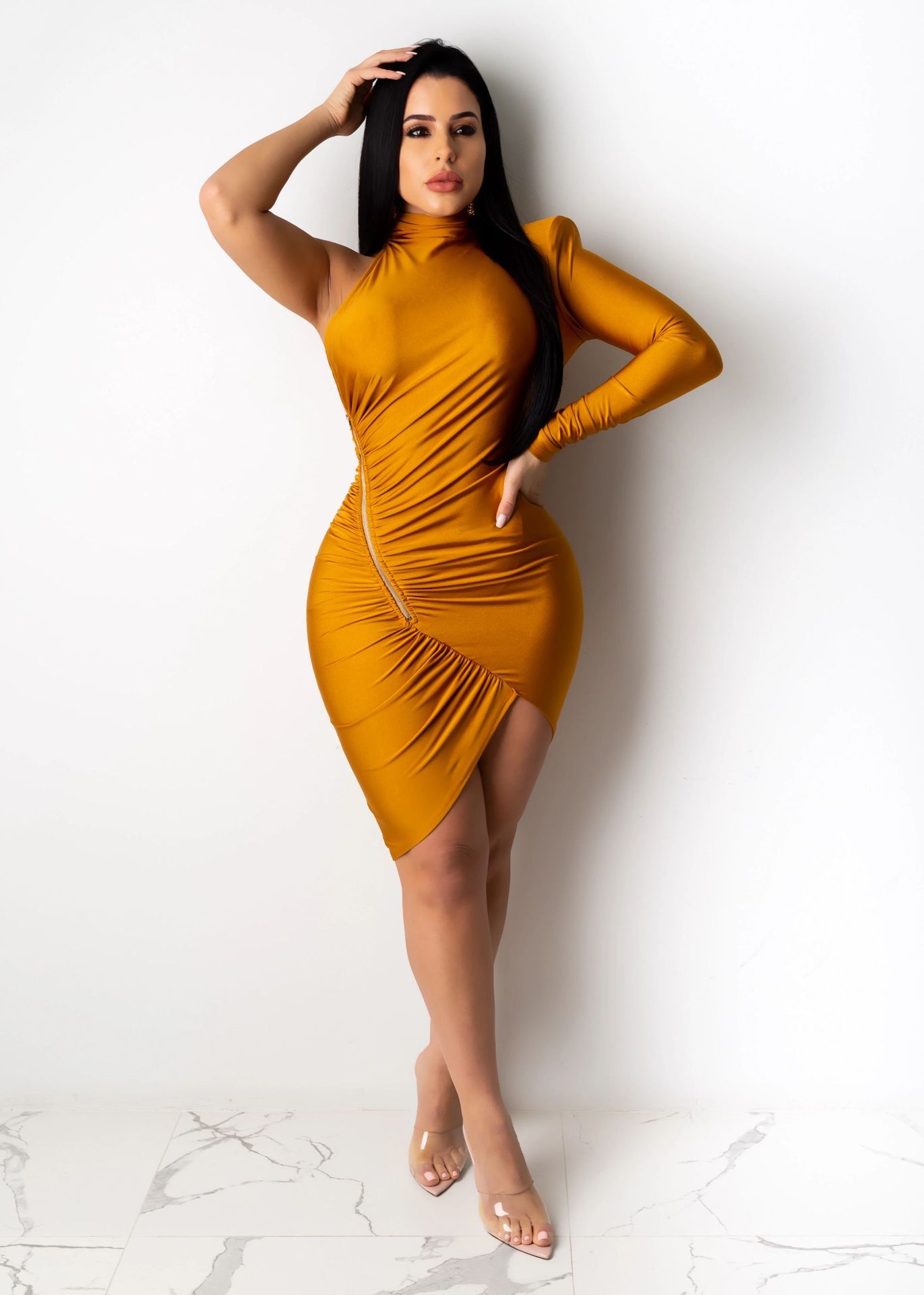 Fashionable and Sexy Off-Shoulder Zipper Pleated Dress