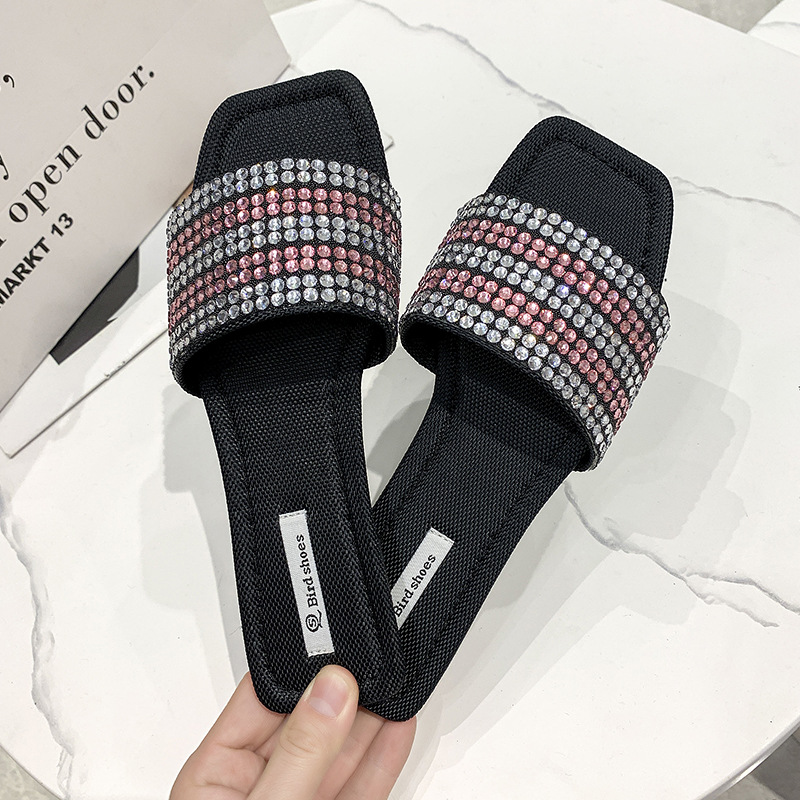 Glittering Rhinestone Flat Slides for Women