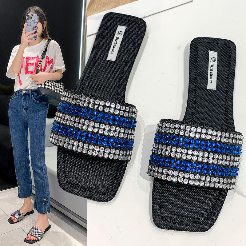 Glittering Rhinestone Flat Slides for Women