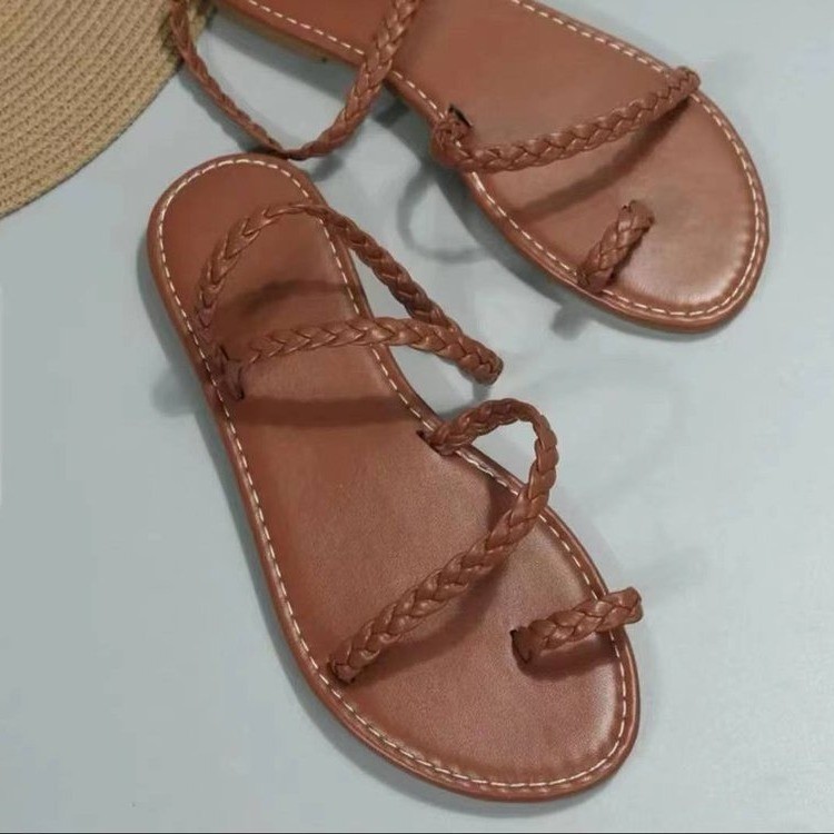 Large Size Braided Toe Ring Flat Sandals for Women