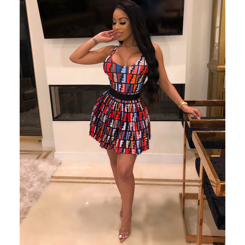 Letter Printed Pleated Skirt