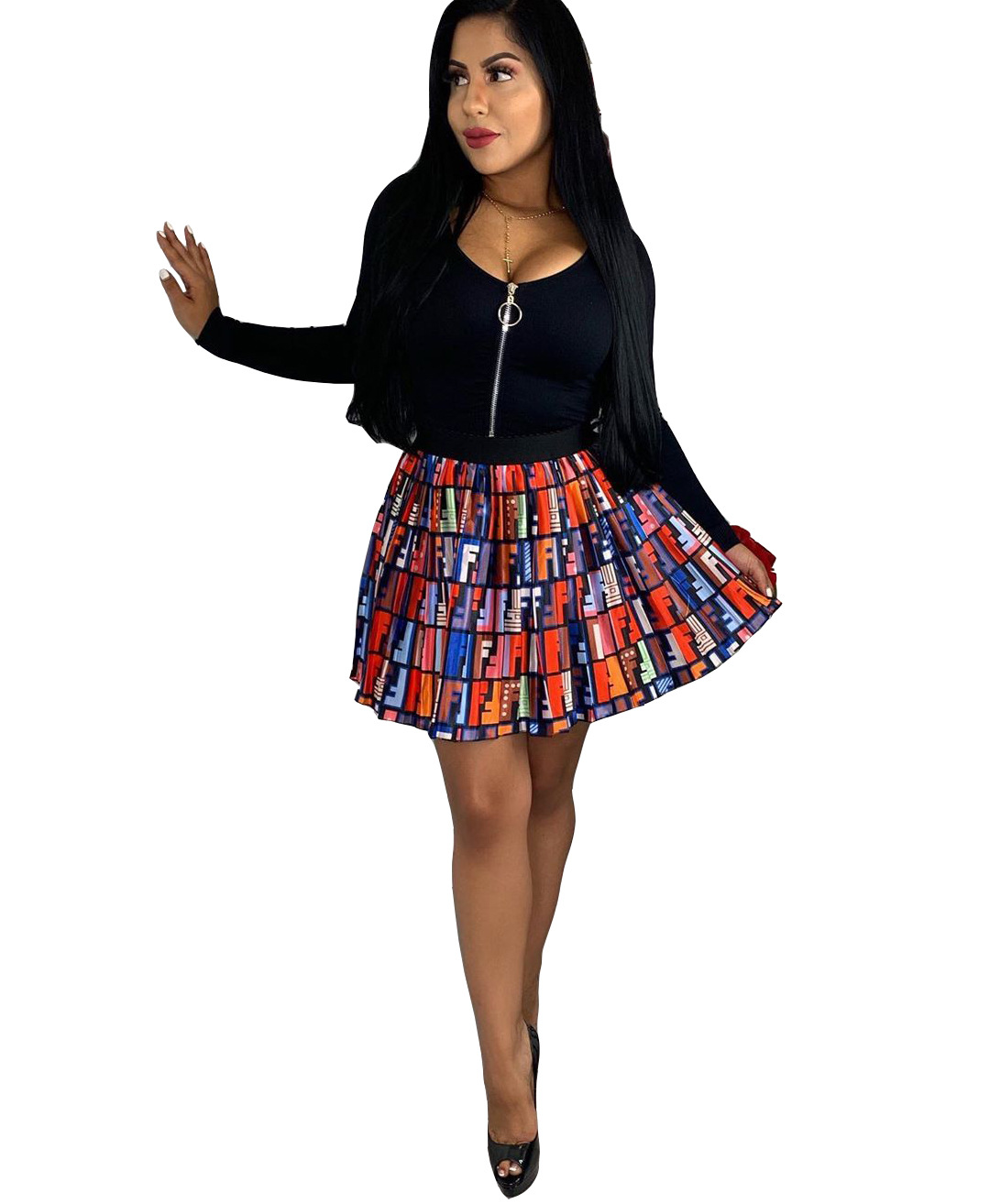 Letter Printed Pleated Skirt
