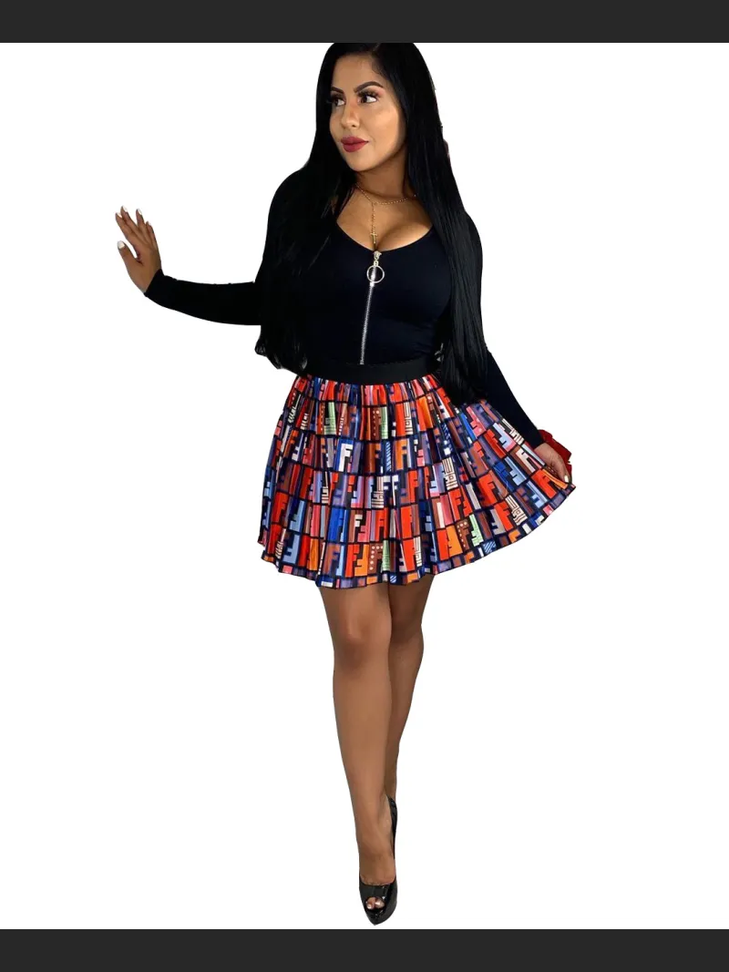 Letter Printed Pleated Skirt