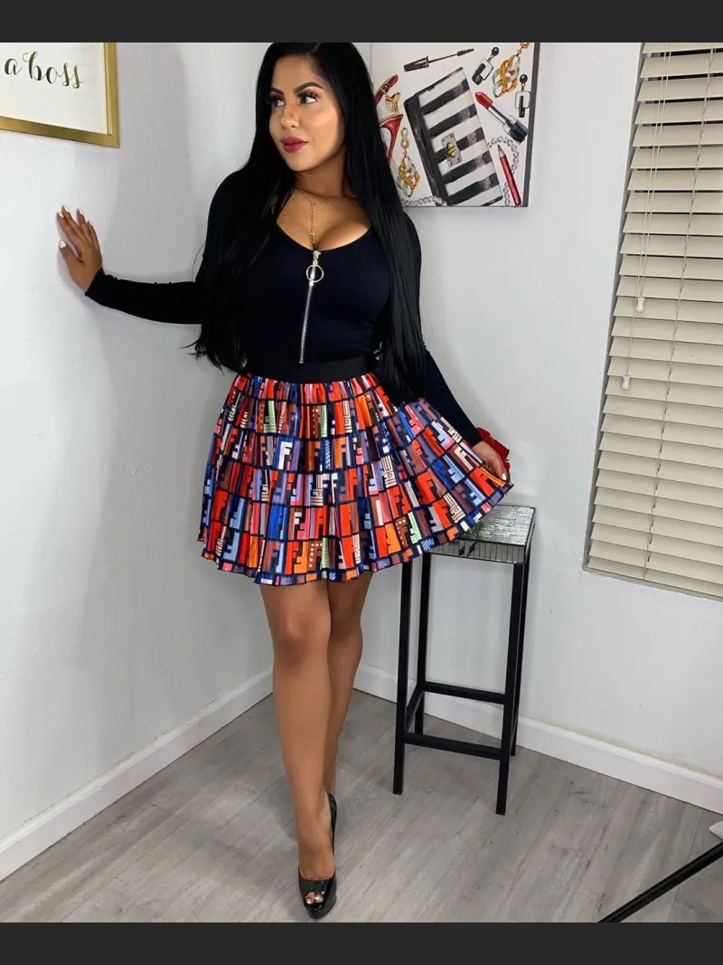 Letter Printed Pleated Skirt