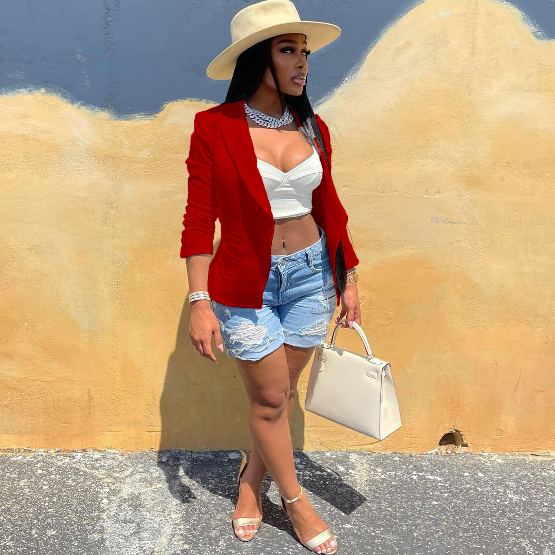 Solid Color Pocket Button Suit Jacket