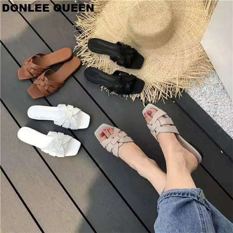 Square Toe Flat Beach Slip-On Sandals for Women