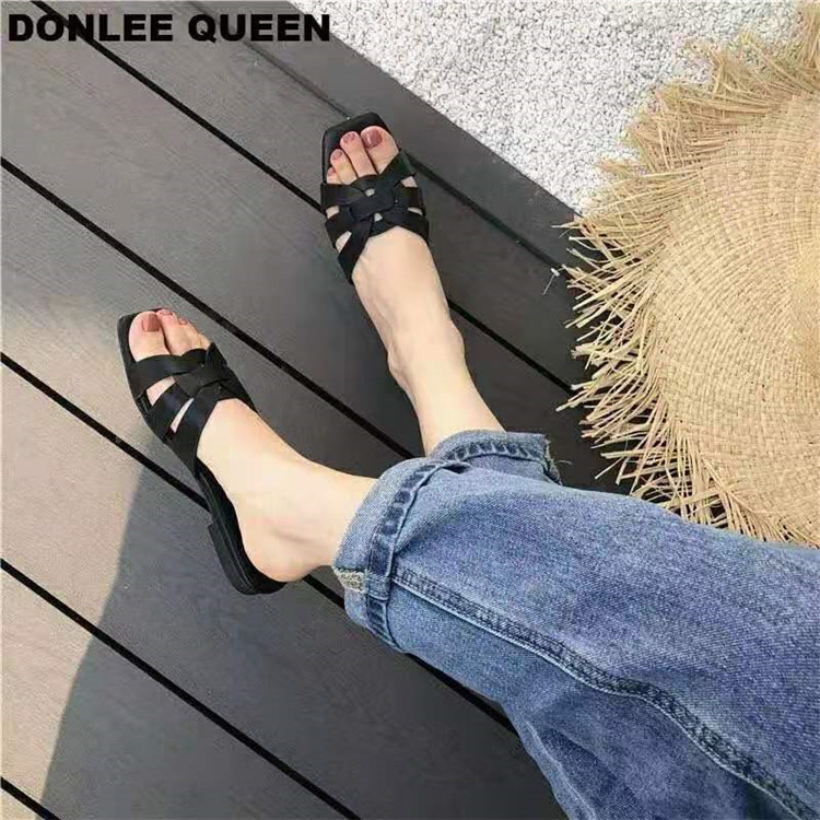 Square Toe Flat Beach Slip-On Sandals for Women