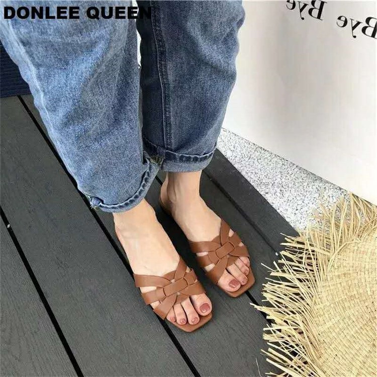Square Toe Flat Beach Slip-On Sandals for Women