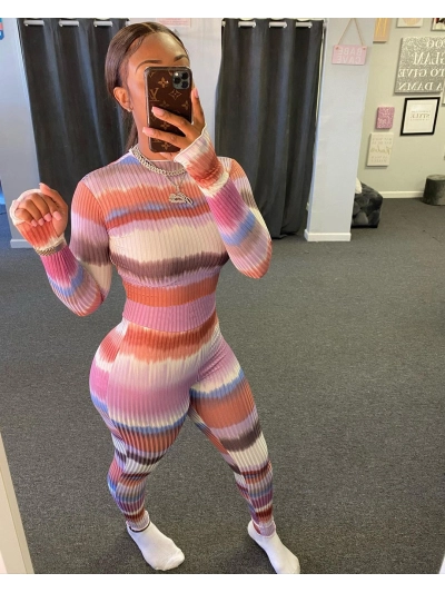 Striped Print Casual Skinny Piercing Jumpsuit 01