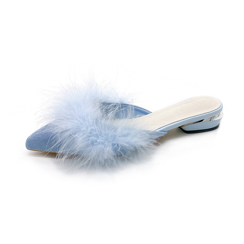 Stylish Pointed-Toe Feathered Mule Slippers for Outdoor Wear