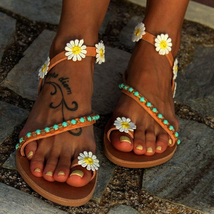 Summer New Flower Flat Women's Toe Ring Sandals