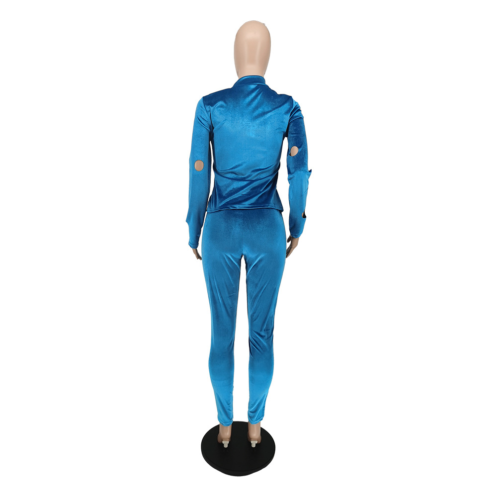 Winter Fashion Piercing Solid Color Velvet Two Piece Set