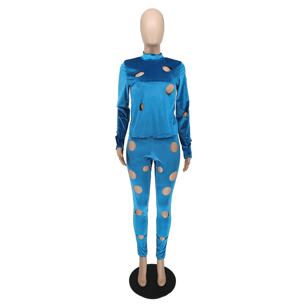 Winter Fashion Piercing Solid Color Velvet Two Piece Set