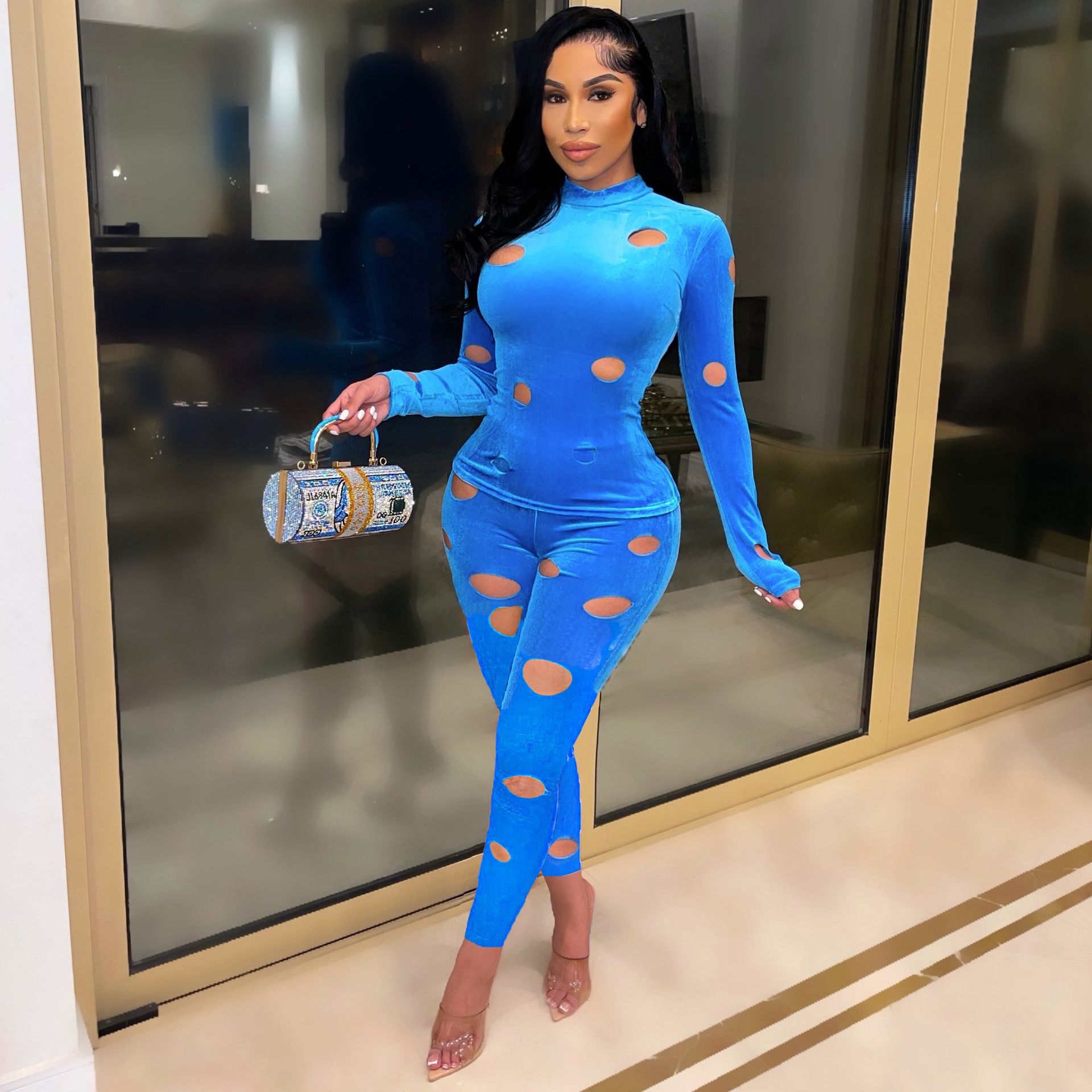 Winter Fashion Piercing Solid Color Velvet Two Piece Set