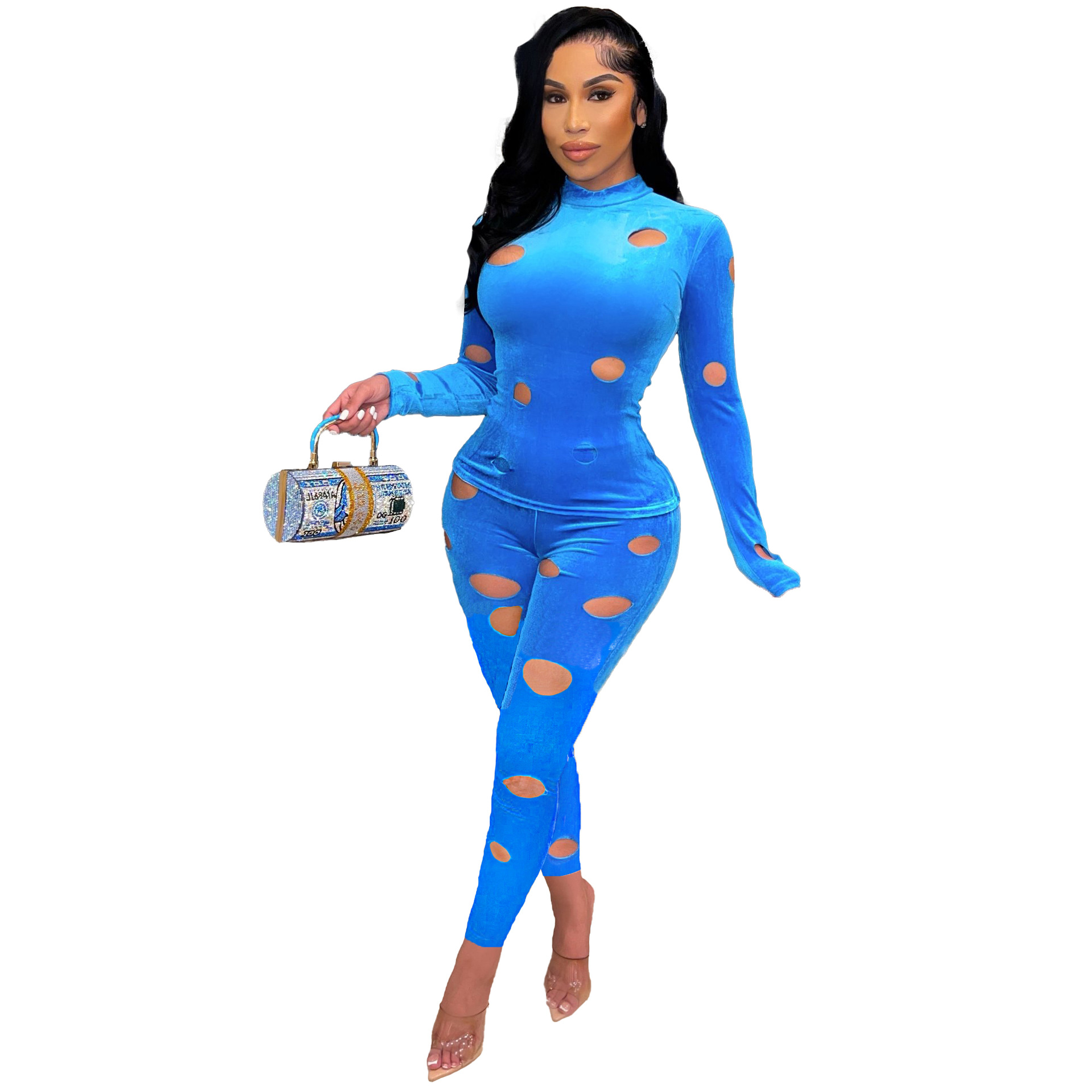 Winter Fashion Piercing Solid Color Velvet Two Piece Set