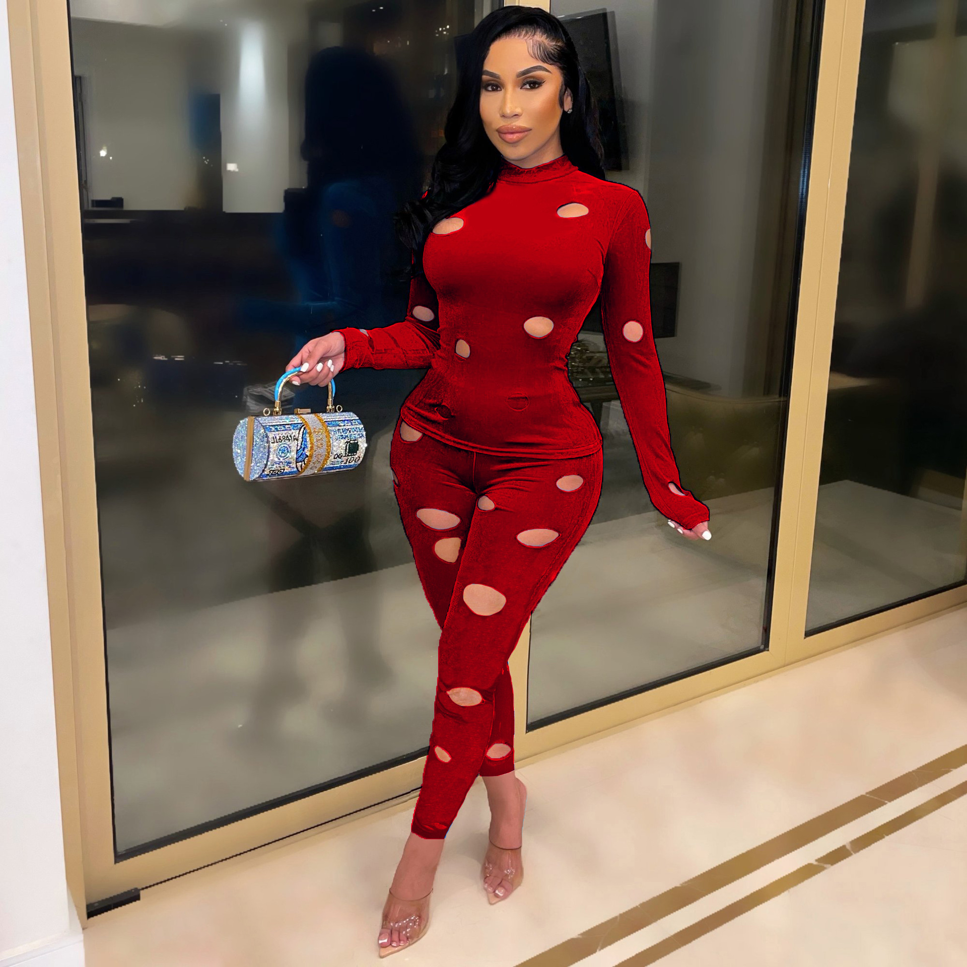 Winter Fashion Piercing Solid Color Velvet Two Piece Set