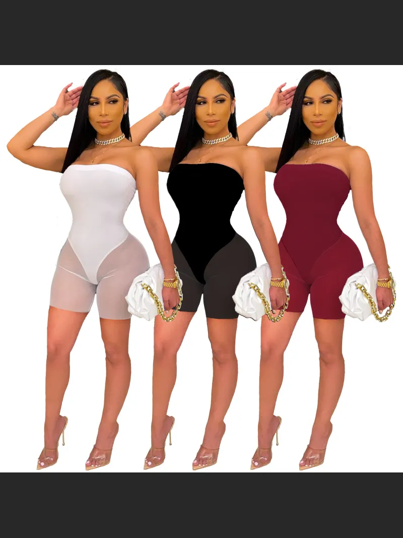Women's Fashion Off-shoulder Tube Top Mesh Fake Two-piece Jumpsuit