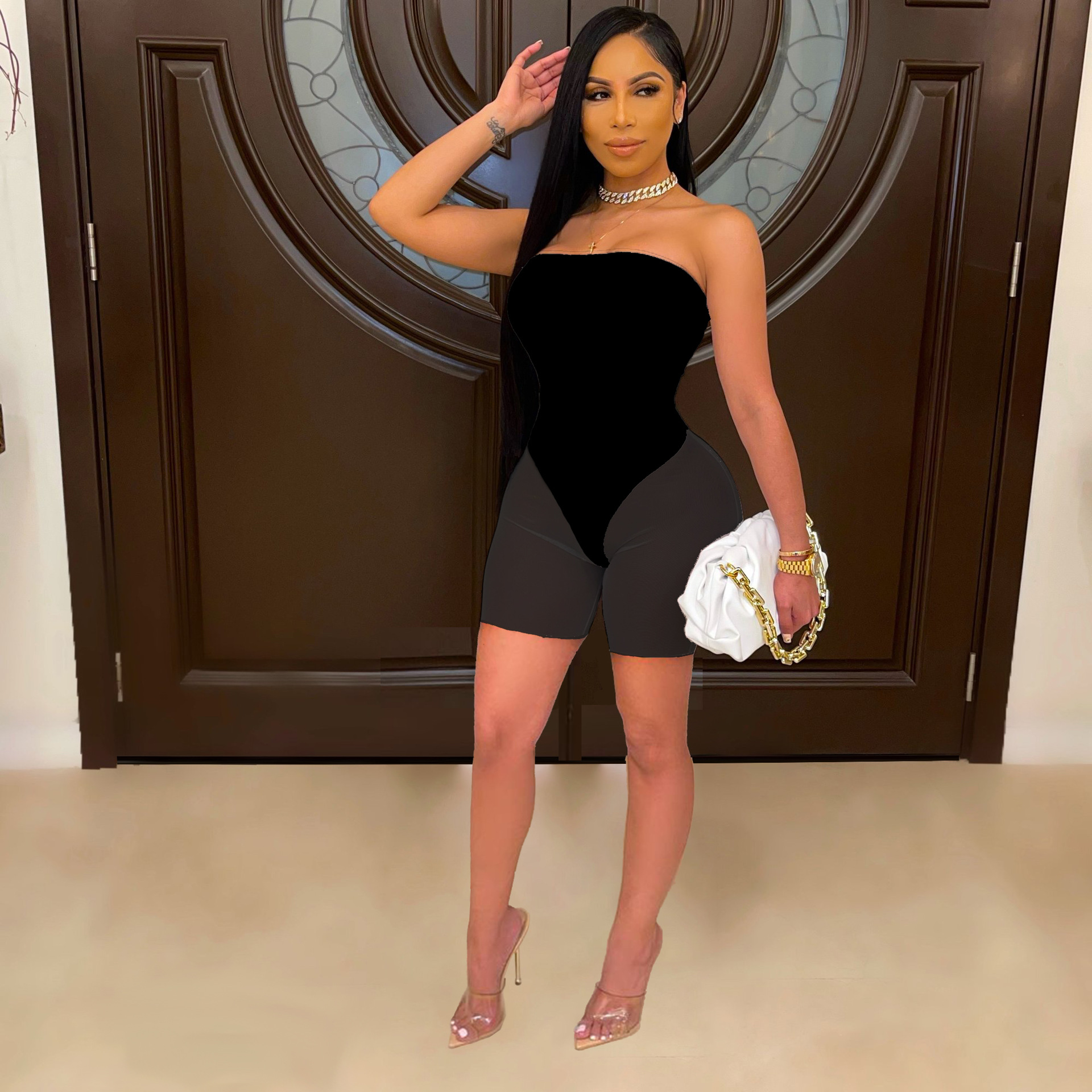 Women's Fashion Off-shoulder Tube Top Mesh Fake Two-piece Jumpsuit