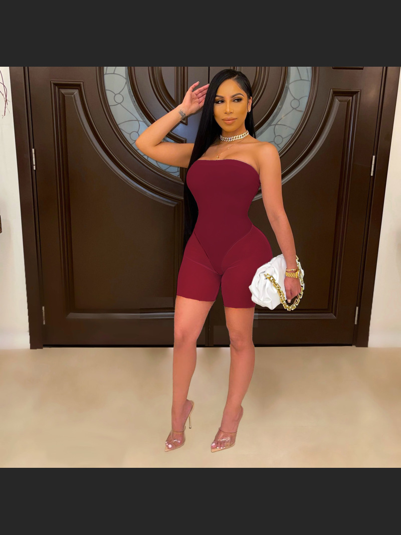 Women's Fashion Off-shoulder Tube Top Mesh Fake Two-piece Jumpsuit