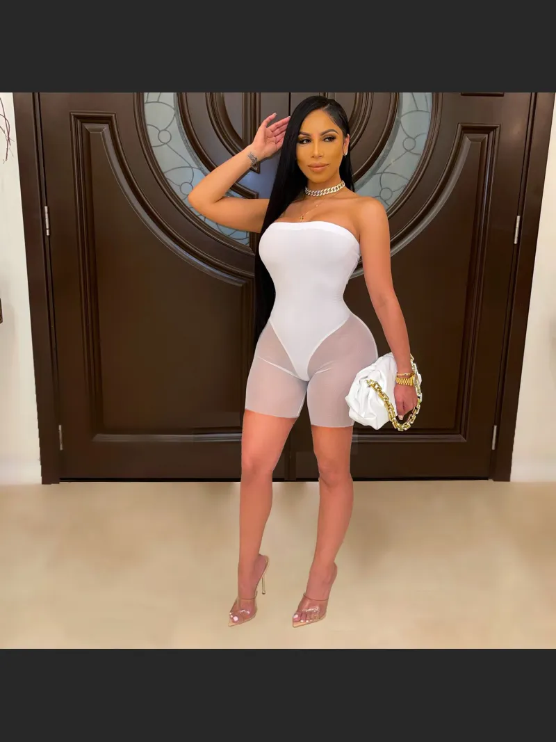 Women's Fashion Off-shoulder Tube Top Mesh Fake Two-piece Jumpsuit