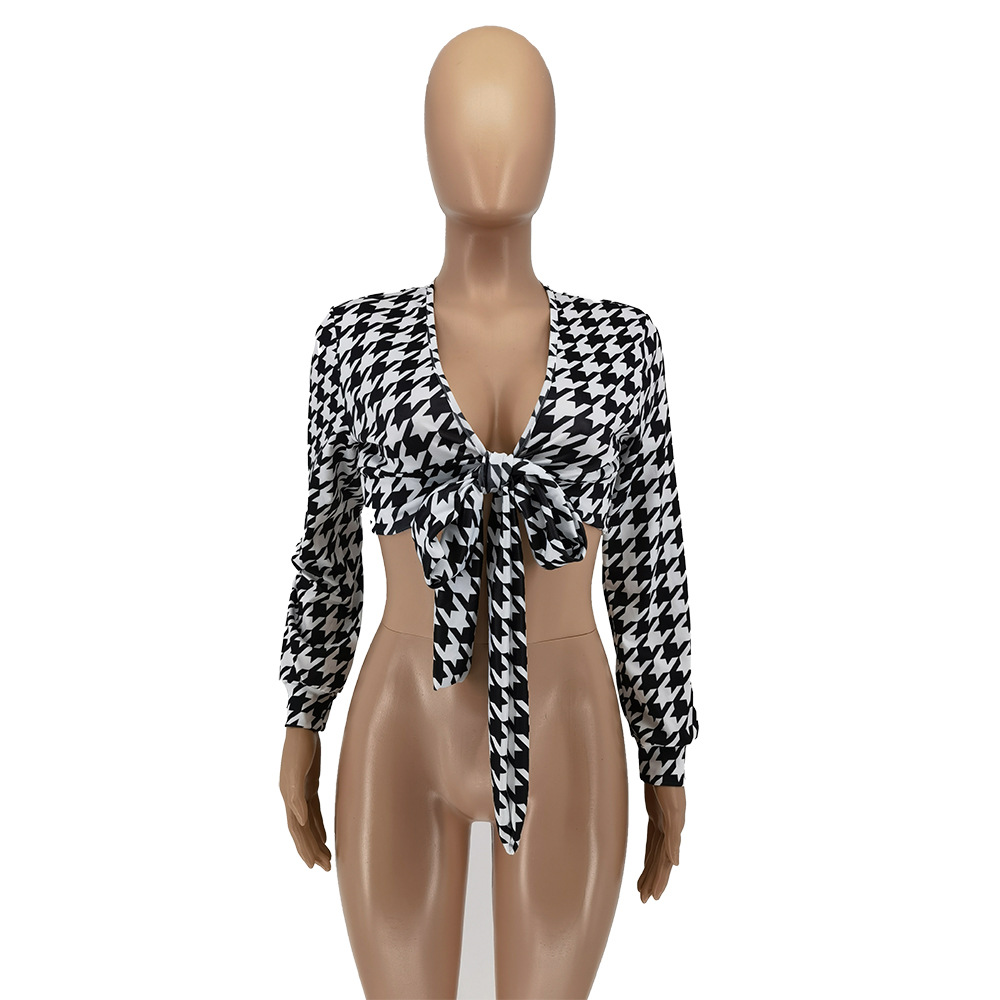 Fashionable Thousand Bird Grid Printed Strap Shirt Top