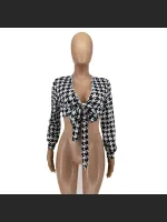 Fashionable Thousand Bird Grid Printed Strap Shirt Top
