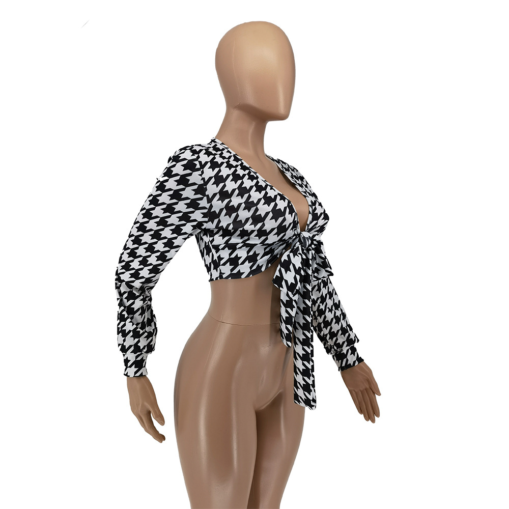 Fashionable Thousand Bird Grid Printed Strap Shirt Top