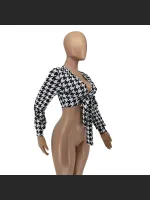 Fashionable Thousand Bird Grid Printed Strap Shirt Top