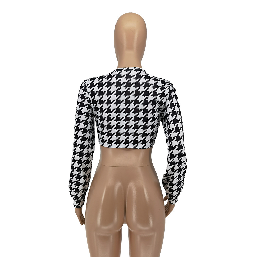 Fashionable Thousand Bird Grid Printed Strap Shirt Top