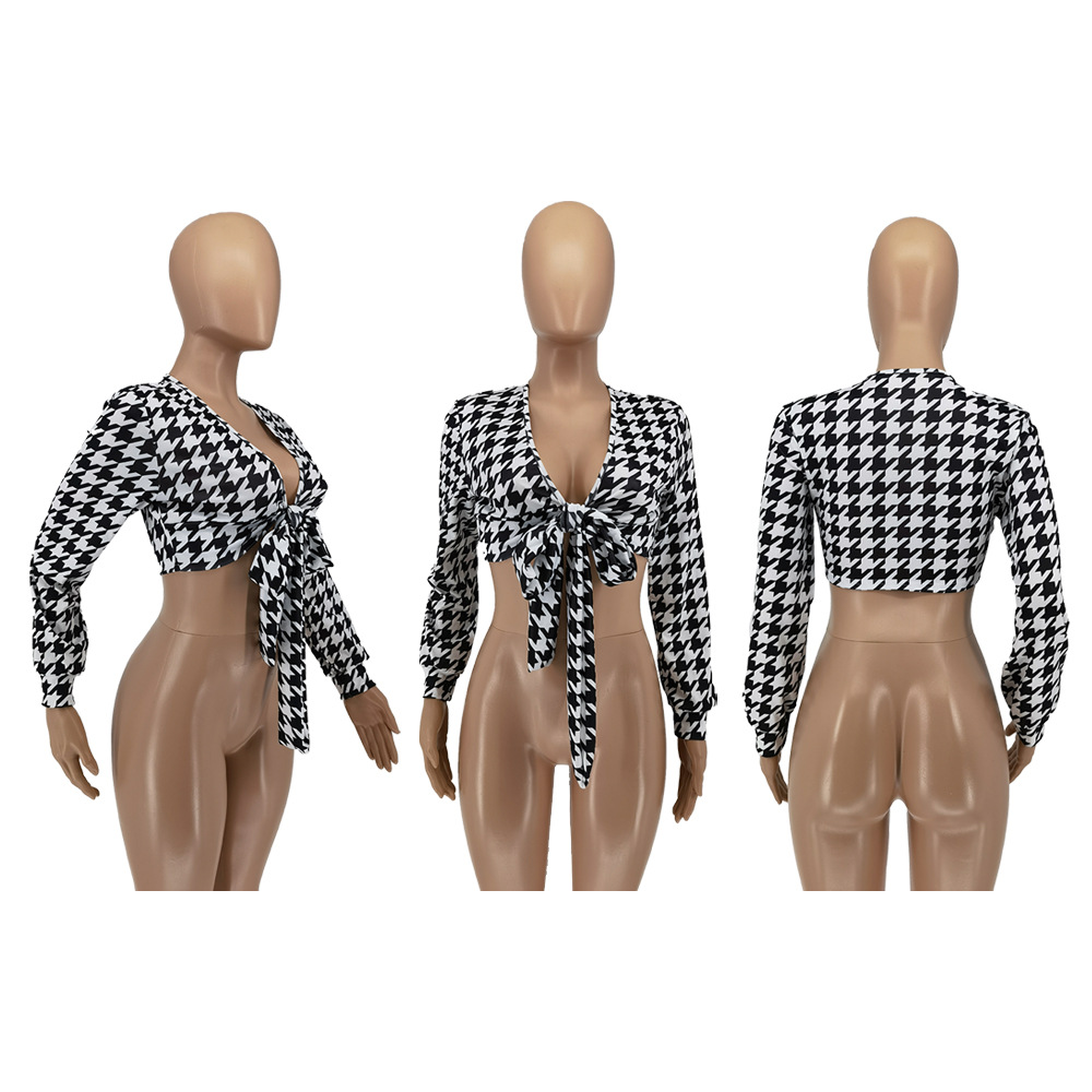 Fashionable Thousand Bird Grid Printed Strap Shirt Top