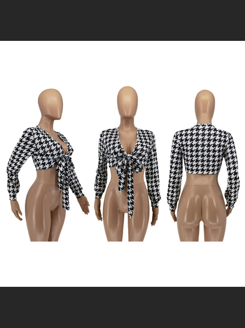 Fashionable Thousand Bird Grid Printed Strap Shirt Top