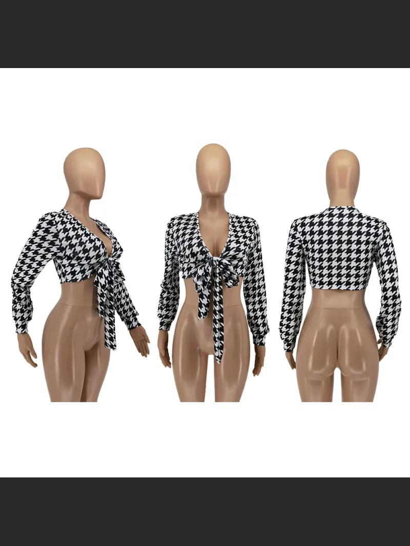 Fashionable Thousand Bird Grid Printed Strap Shirt Top