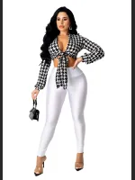 Fashionable Thousand Bird Grid Printed Strap Shirt Top