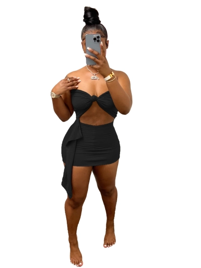 Summer Casual Ribbon Solid Color Strapless Two-Piece Set 02