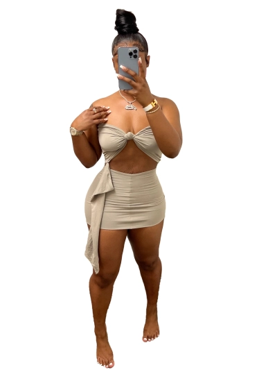 Summer Casual Ribbon Solid Color Strapless Two-Piece Set 01