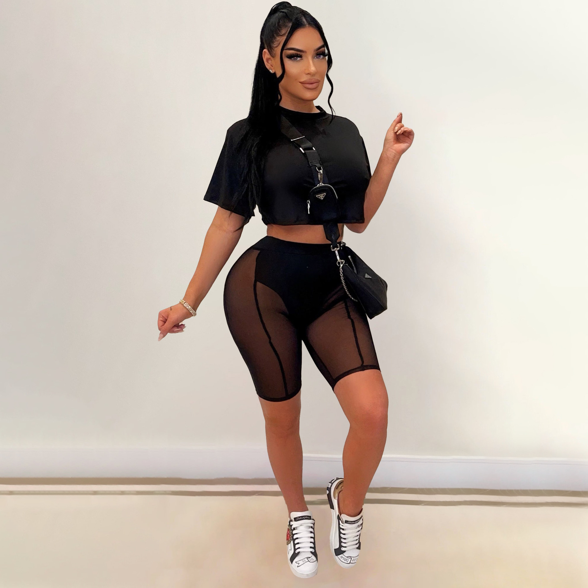 Summer fashion mesh pants solid color two-piece set