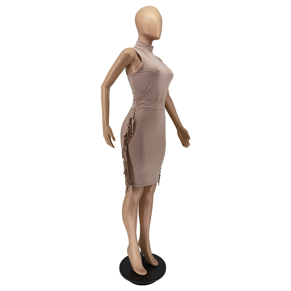 Summer Fashion Solid Color Sleeveless Tassel Skirt Set