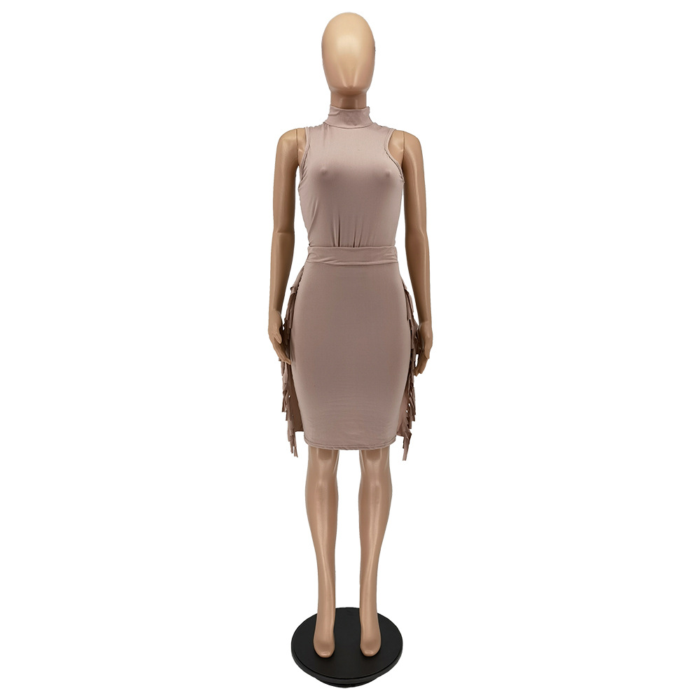 Summer Fashion Solid Color Sleeveless Tassel Skirt Set