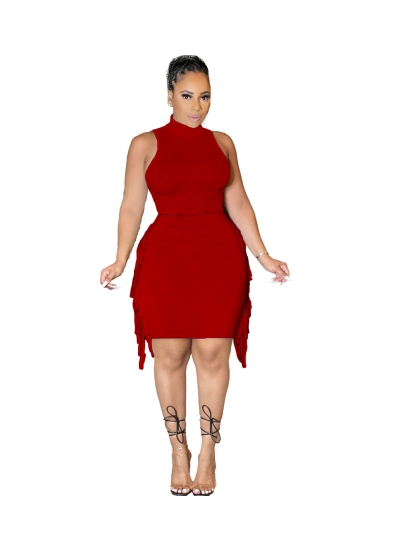 Summer Fashion Solid Color Sleeveless Tassel Skirt Set 01