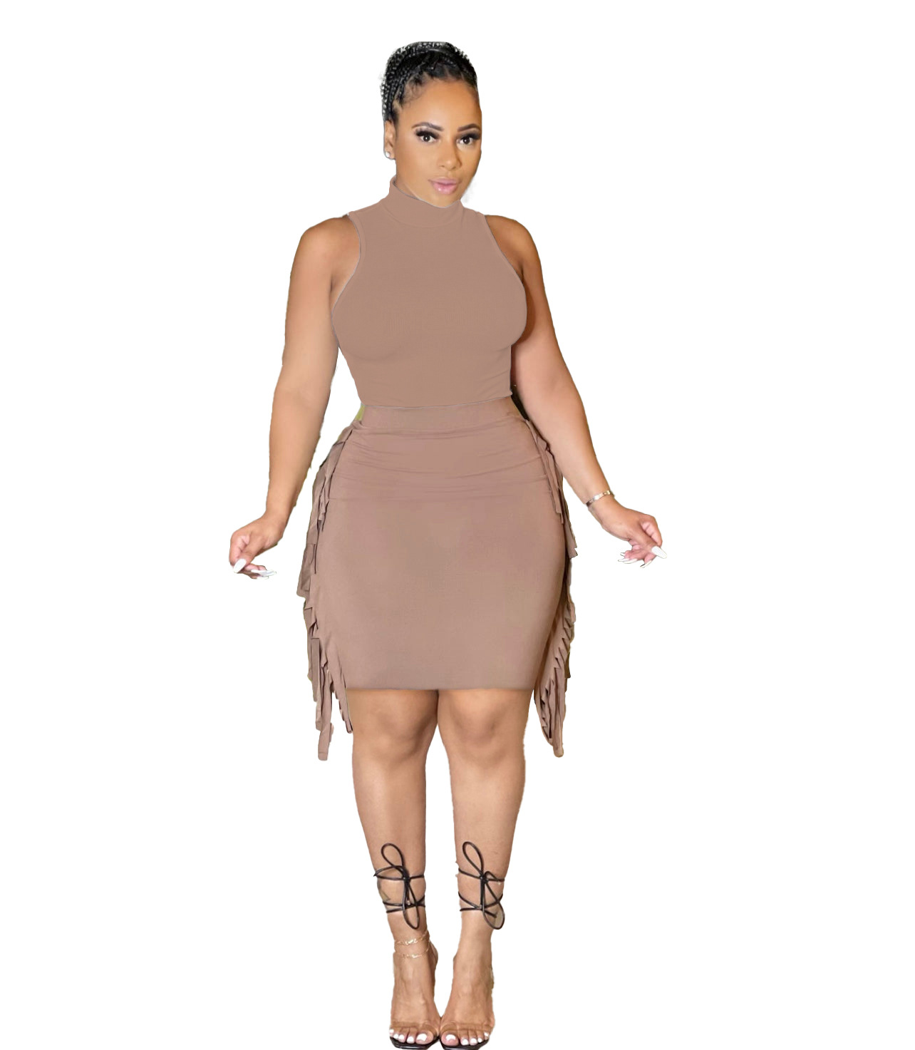 Summer Fashion Solid Color Sleeveless Tassel Skirt Set