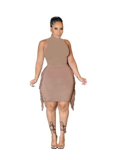 Summer Fashion Solid Color Sleeveless Tassel Skirt Set 02