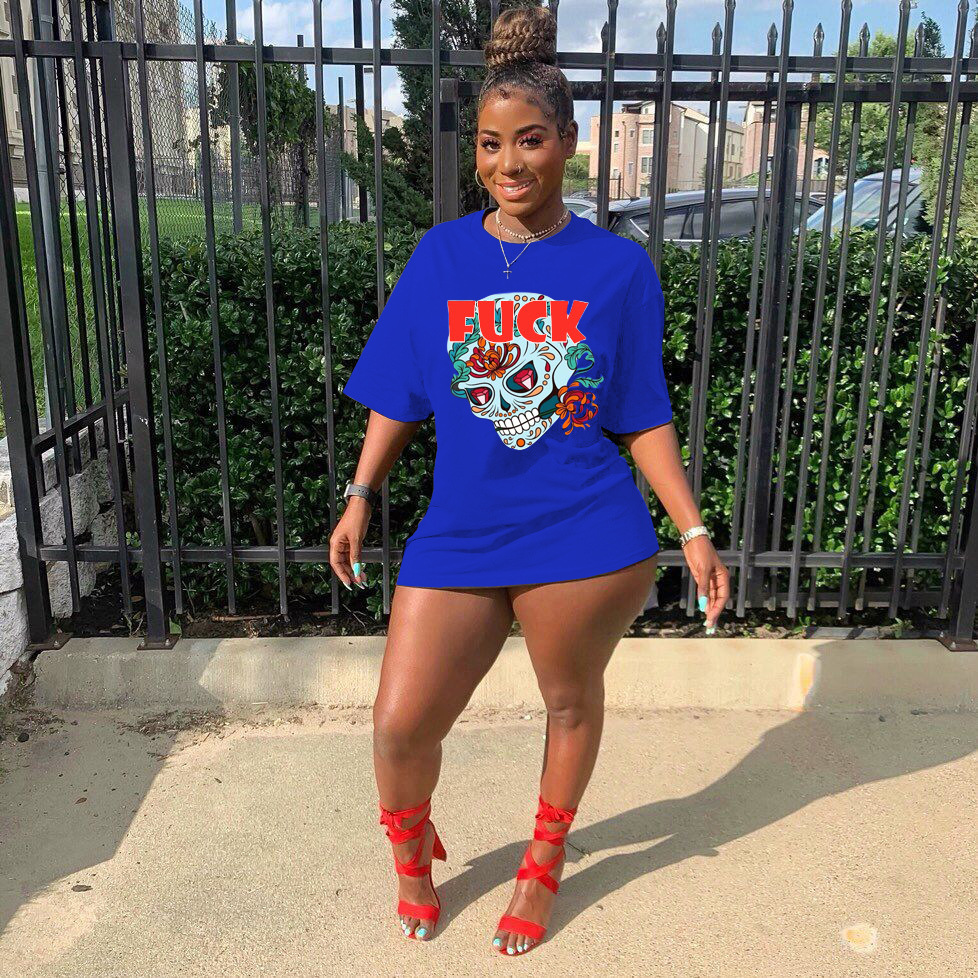 Women's Summer Fashion Skull Print Long T-shirt