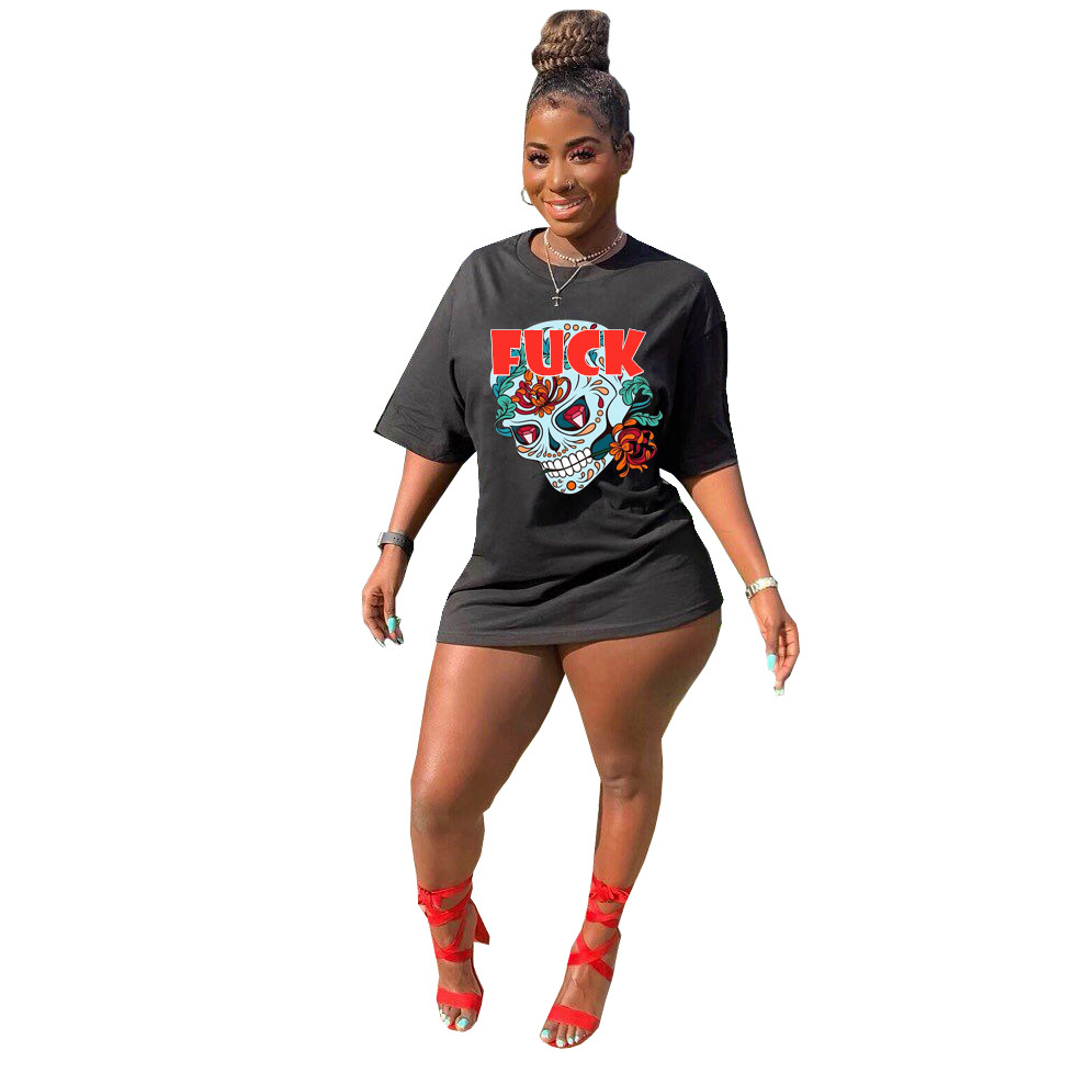 Women's Summer Fashion Skull Print Long T-shirt