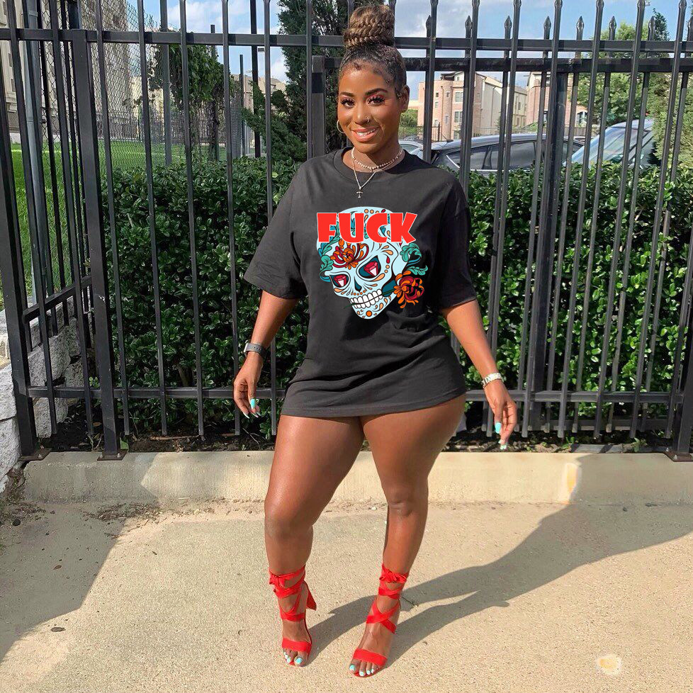 Women's Summer Fashion Skull Print Long T-shirt